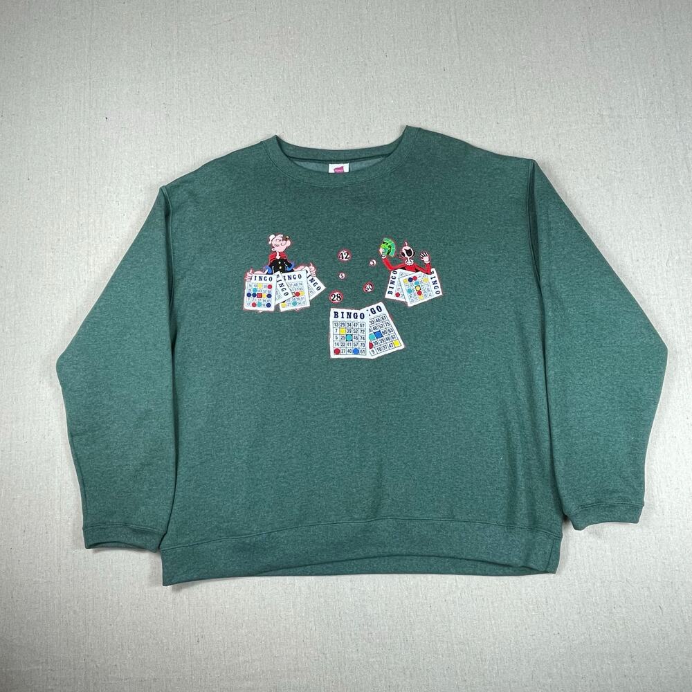 🔥NWOT Vintage Hanes Popeye Olive Bingo Graphic Crewneck Green Sweatshirt Large